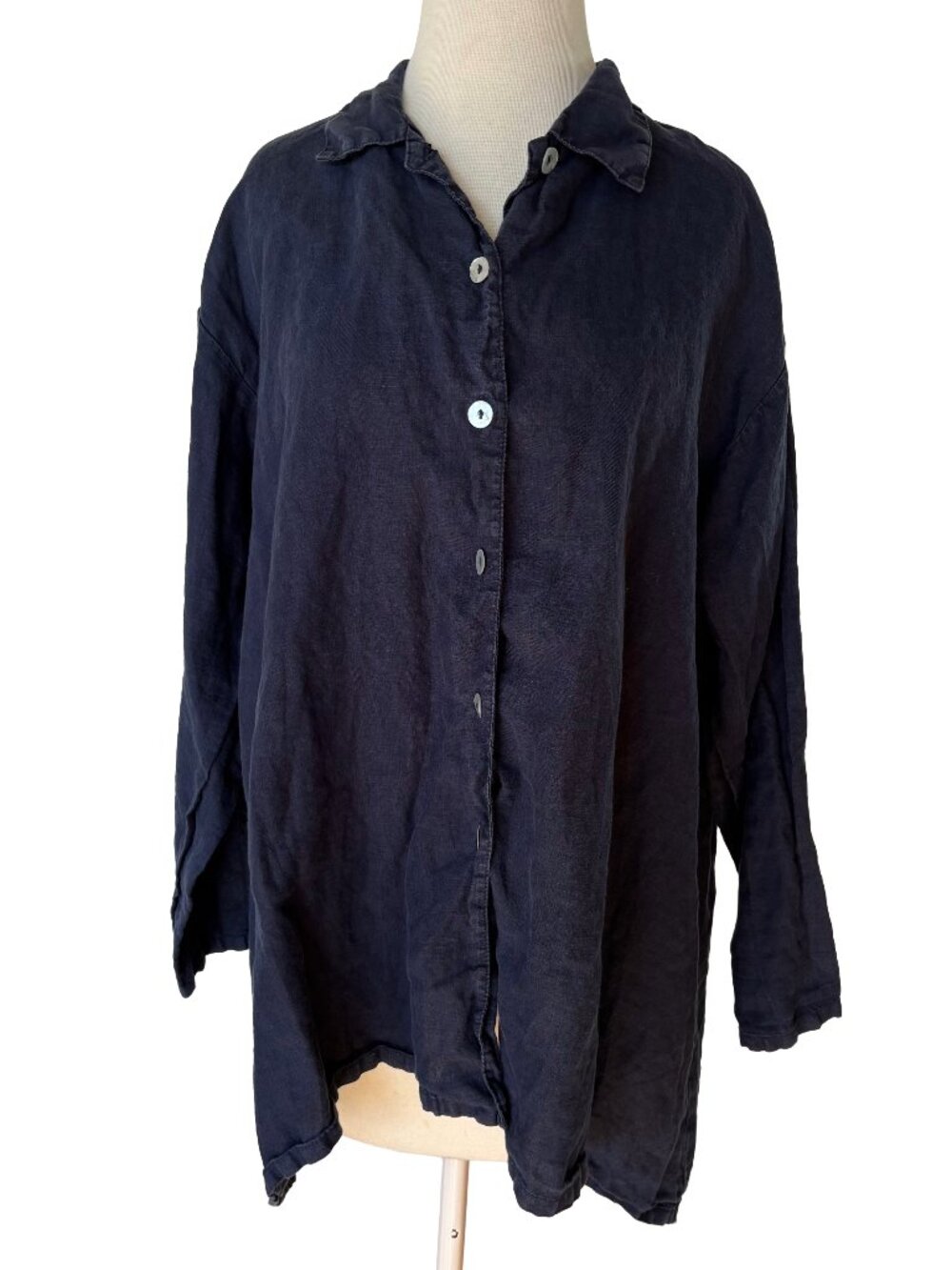 Bryn Walker Linen Shirt XS Button Up Long Sleeve Indigo Blue Collared Lagenlook